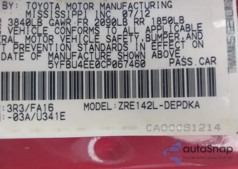 2012 Toyota Corolla L из США, поврежденный, VIN 5YFBU4EE0CP067460